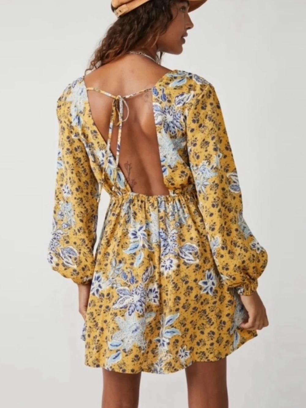 Free People Yellow Floral V-Neck Smocked Waist Mini Dress